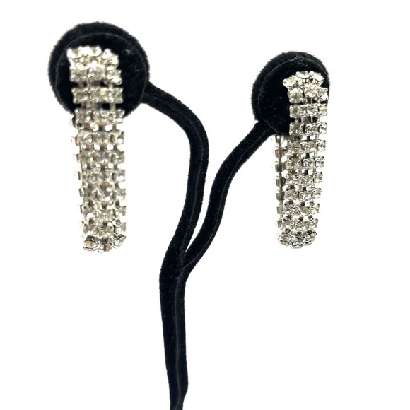 Rhinestone Hoop Earrings Linked 2” 3 Row Evening Elegant Earrings Vintage - Picture 4 of 12